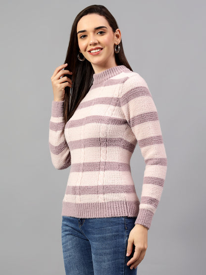 Cantabil Women's Striped Mauve Full Sleeve Casual Sweater