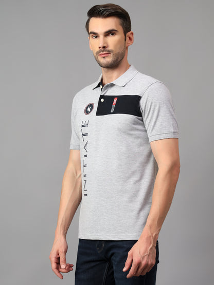 Men's Grey Printed Polo Neck Half Sleeve T-shirt