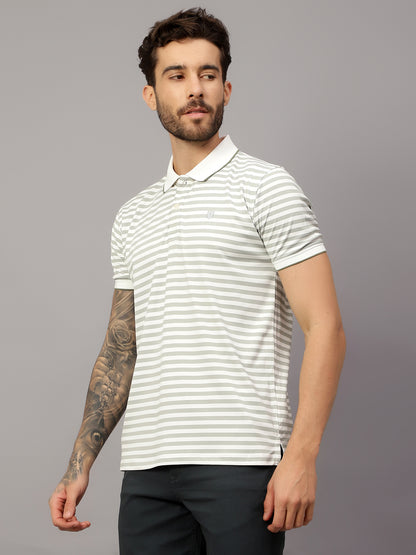 Men's Olive Green Stripe Polo neck Half Sleeve T-Shirt