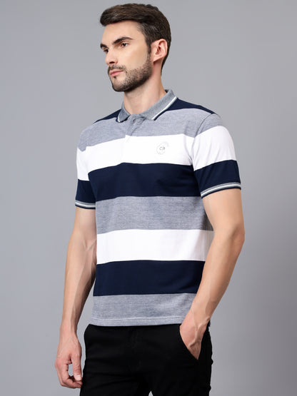 Men's White Striped Polo Neck Half Sleeve T-shirt