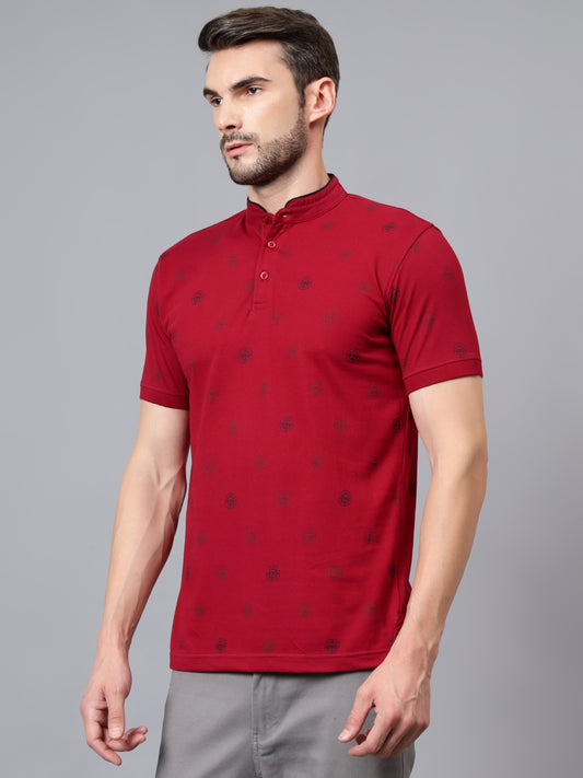 T-Shirt for Men | Breathable & Soft with Color Fastness Regular Fit Mandarin Collar Poly Cotton Fabric Printed Pattern