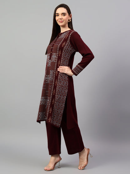 Women's Maroon Printed Round Neck Kurta Palazzo Set For Winter