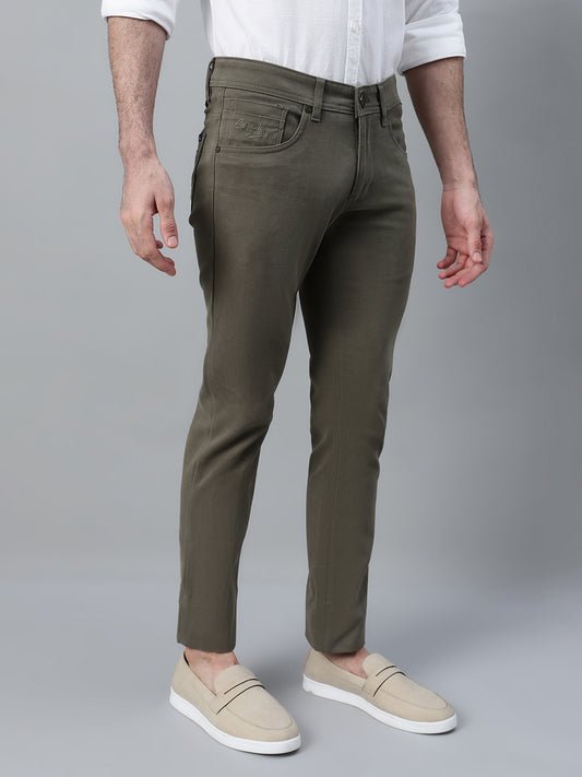 Men's Olive Green Self Design Non-Pleated Casual Trouser
