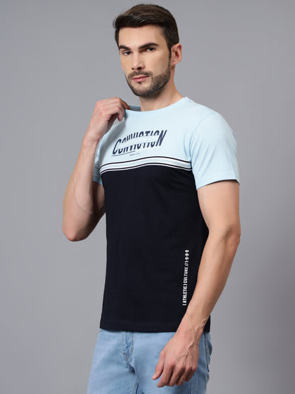 Men's Navy Blue Color Blocked Round Neck Half Sleeve T-shirt