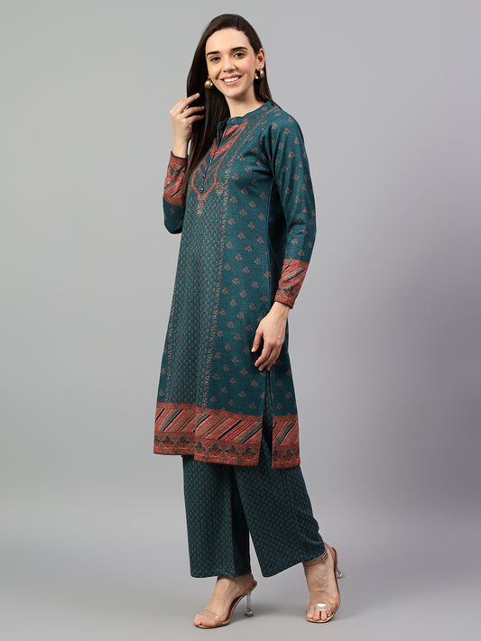 Women's Green Printed Mandarin Collar Kurta Palazzo Set For Winter