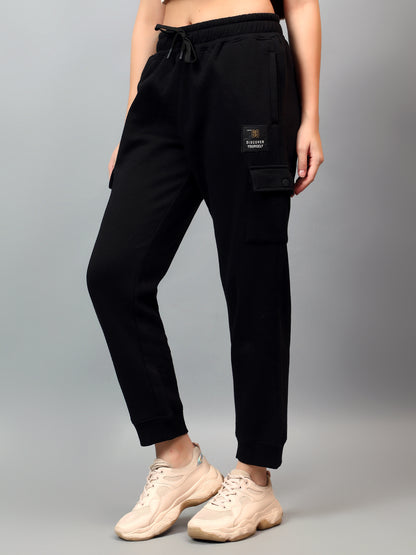 Women's Black Solid Ankle Length Regular Fit Cargo