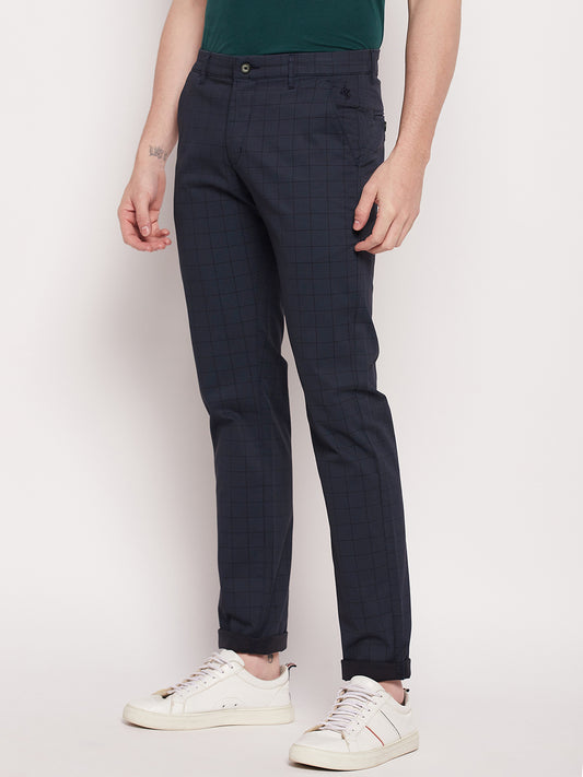 Cantabil Men Navy Blue Cotton Blend Checkered Regular Fit Casual Trouser (7057756029067)