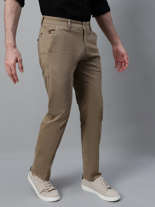 Men's Khaki Self Design Non-Pleated Casual Trouser