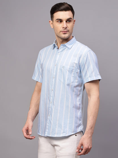 Men's Sky Blue Casual Broad Stripe Half sleeve Shirt