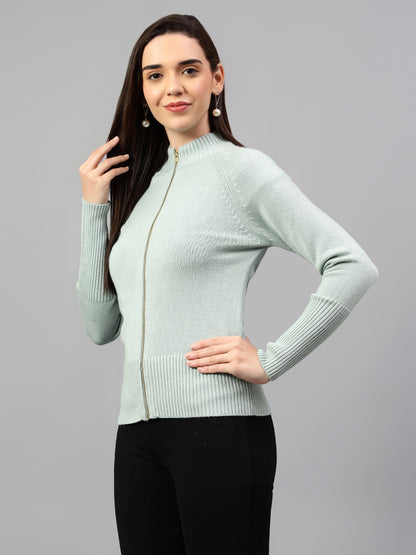 Women's Solid Aqua Full Sleeve Casual Sweater