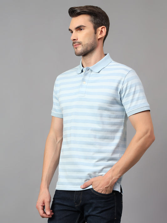 Men's Sky Blue Striped Polo Neck Half Sleeve T-shirt