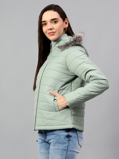 Women's Green Solid Full Sleeves Winter Jacket