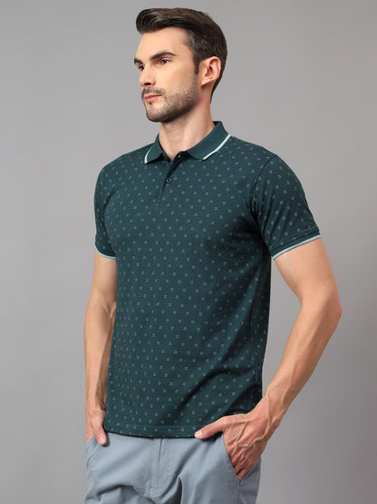 Men's Teal Blue Printed Polo Neck Half Sleeve T-shirt