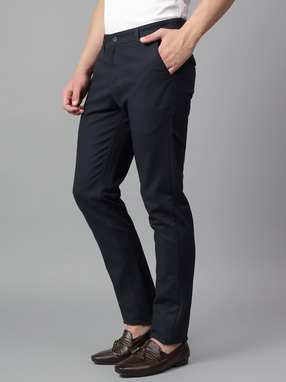 Men's Navy Blue Solid Non-Pleated Casual Trouser