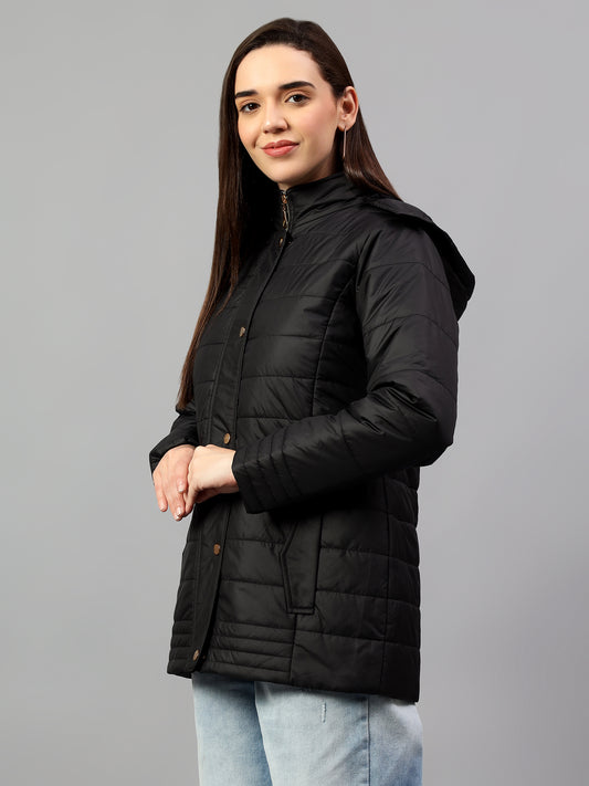 Women's Black Solid Full Sleeves Winter Jacket