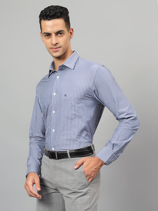Men's Navy Blue Striped Formal Full Sleeves Shirt
