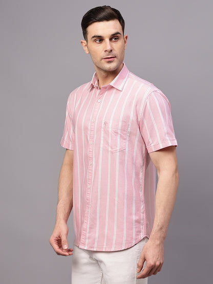 Men's Pink Casual Broad Stripe Half sleeve Shirt