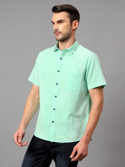 Men's Light Green Casual Small Checks Half sleeve Shirt