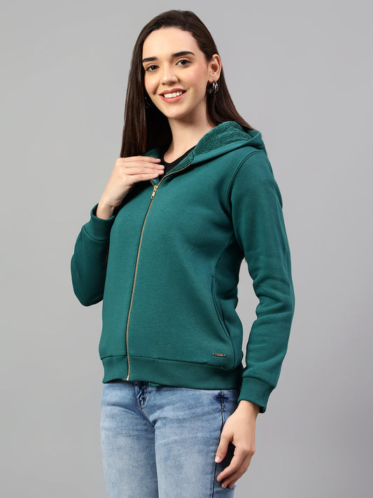 Women's Dark Green Solid Hoody Neck Sweatshirt