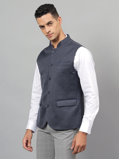 Men's Navy Blue Self Design Partywear Waistcoat