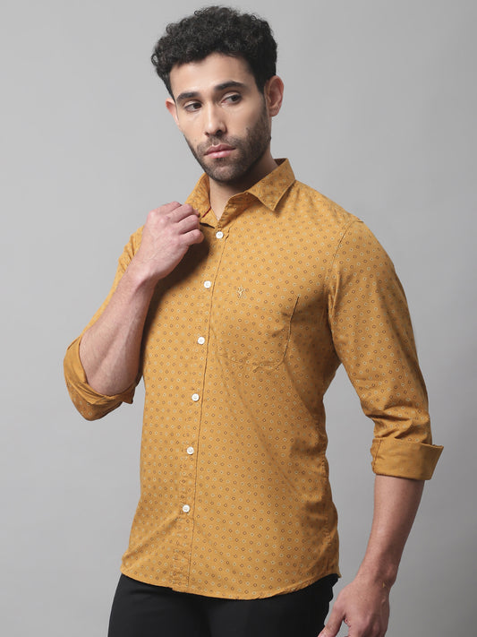 Cantabil Cotton Mustard Printed Full Sleeve Casual Shirt for Men with Pocket (7070269964427)