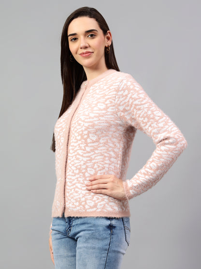 Women's Self Design Pink Full Sleeve Cardigan Casual Sweater