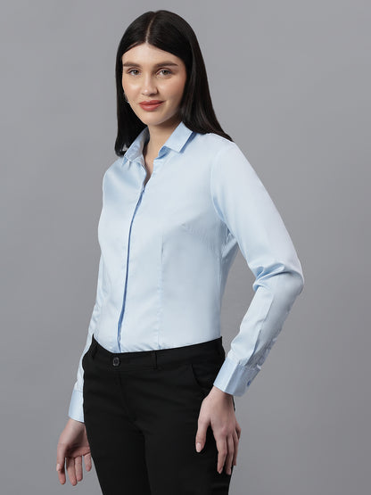 Women's Solid Sky Blue Spread Collar Full Sleeves Formal Shirt