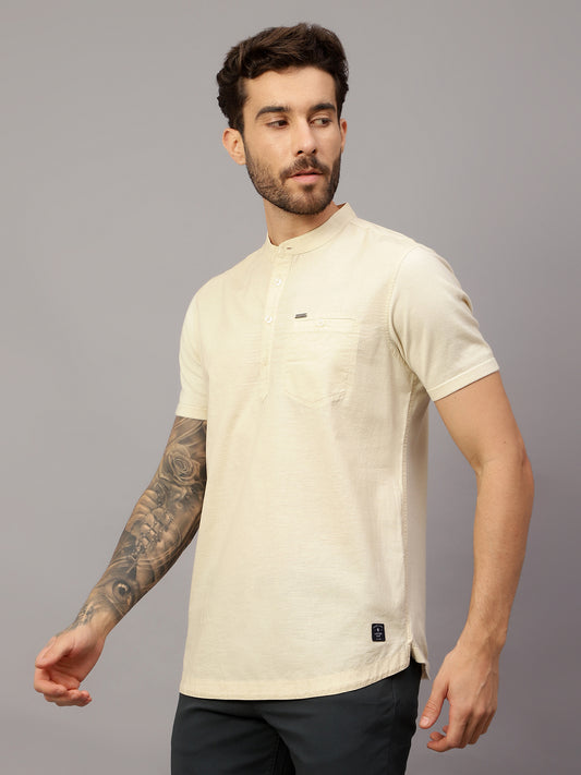 Men's Beige Casual Plain Half sleeve Shirt Kurta