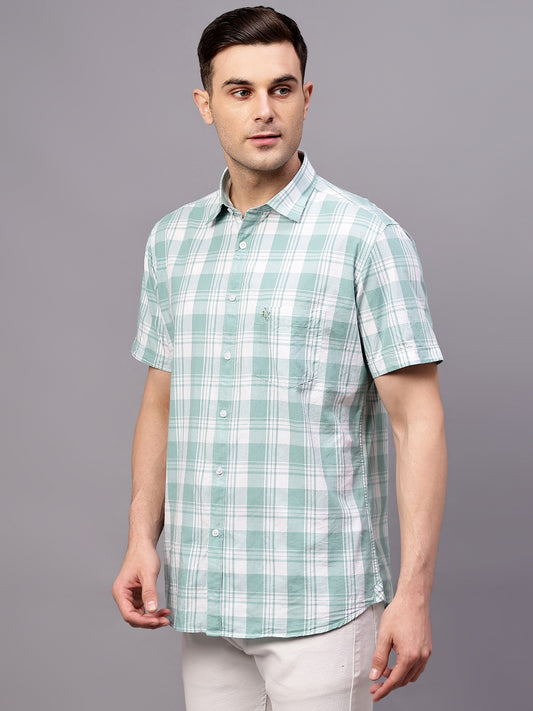 Men's Turquoise Slim Fit Checkered Half Sleeve Casual Shirt