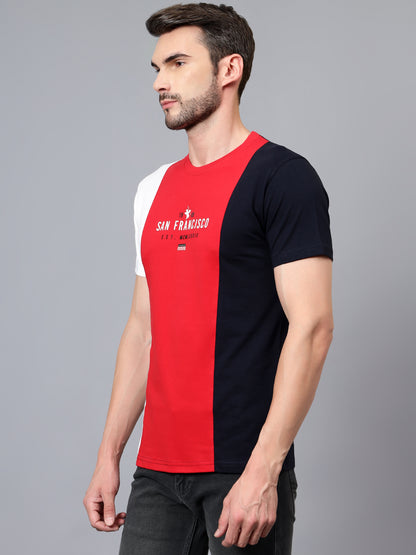 Men's Red Color Blocked Round Neck Half Sleeve T-shirt