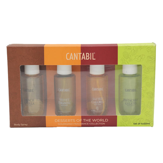 Cantabil Desserts of the World Body Spray Gift Set | Pack of 4x50ml) | Pistachio Gelato(Pistachio), Salted Caramel(Almond), Velvet Tiramisu(Patchouli) & French Vanilla(Vanilla Orchid)