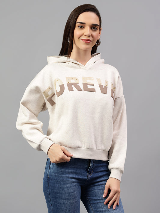 Women's Ecru Melange Printed Hoody Neck Crop Sweatshirt