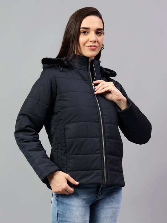 Women's Navy Blue Solid Full Sleeves Winter Jacket