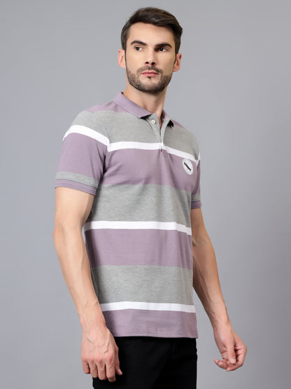 Men's Purple Striped Polo Neck Half Sleeve T-shirt