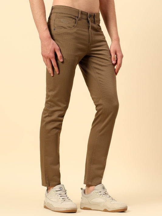Casual Trouser for Men | Breathable & Soft with Color Fastness Regular Fit Cotton Stretch Fabric Self Design Pattern Button Closure