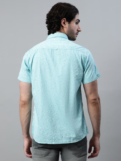 Men's Aqua Blue Casual Abstract Print Half Sleeve Shirt