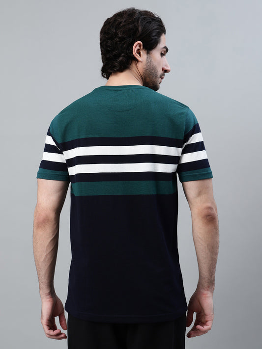 T-Shirt for Men | Breathable & Soft with Color Fastness Regular Fit Round Neck Poly Cotton Fabric Striped Pattern