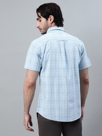 Men's Sky Blue Checkered Half Sleeve Casual Shirt