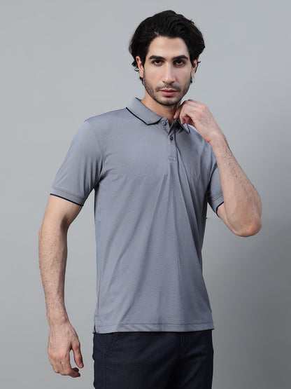 Men's Grey Solid Polo Neck Half Sleeve T-shirt