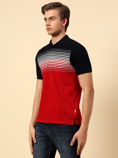 T-Shirt for Men | Breathable & Soft with Color Fastness Regular Fit Polo Neck Poly Cotton Fabric Stripes Pattern