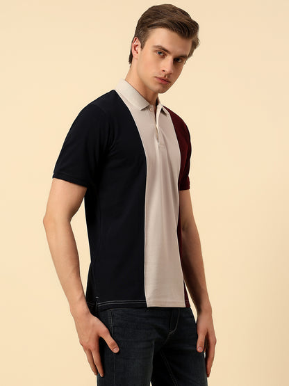 T-Shirt for Men | Breathable & Soft with Color Fastness Regular Fit Polo Neck Poly Cotton Fabric Colourblocked Pattern