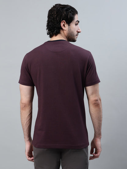 Men's Wine Self Design Round Neck T-shirt