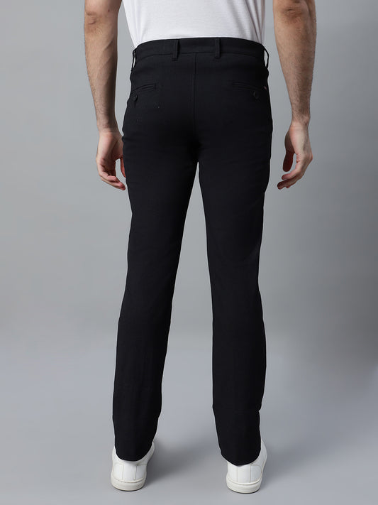 Men's Black Self Design Non-Pleated Stretchable Casual Trouser