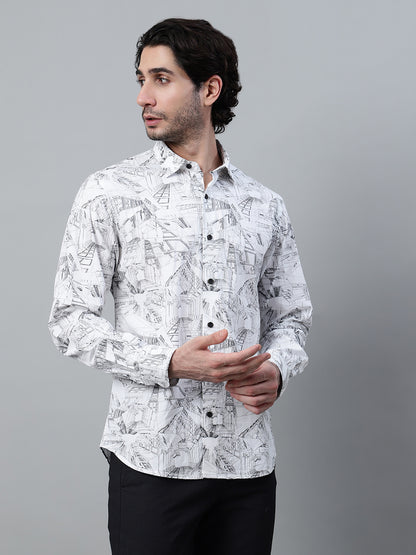 Men's White Printed Full Sleeve Casual Shirt