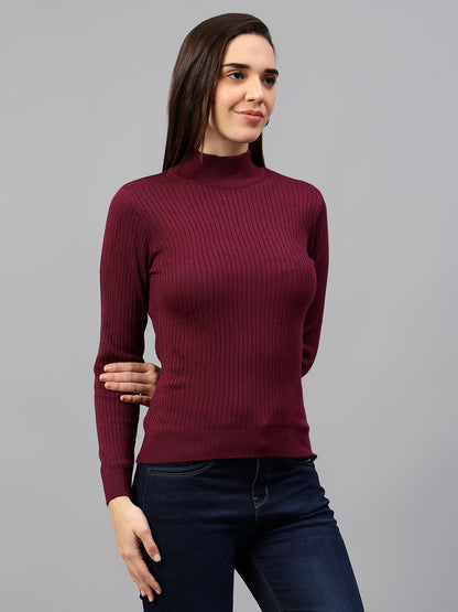 Women's Wine Self Design High Neck Skeevi