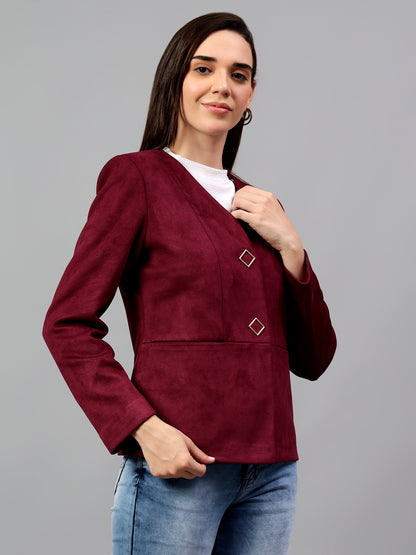 Women's Wine Solid Casual Winter Blazer