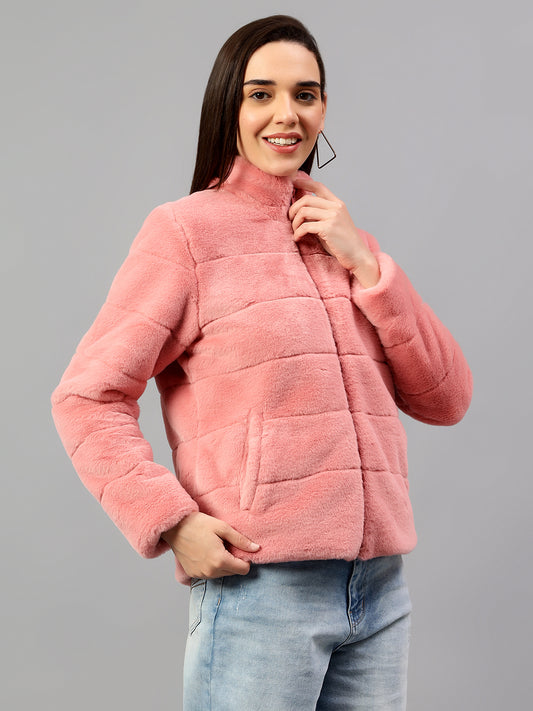 Women's Pink Solid Full Sleeves Winter Jacket
