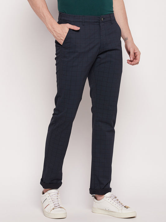 Cantabil Men Navy Blue Cotton Blend Checkered Regular Fit Casual Trouser (7057756029067)