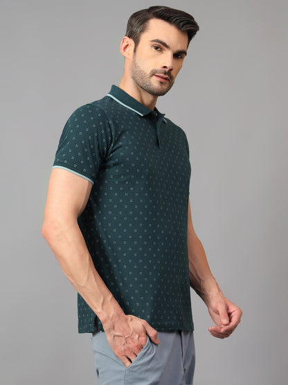 Men's Teal Blue Printed Polo Neck Half Sleeve T-shirt