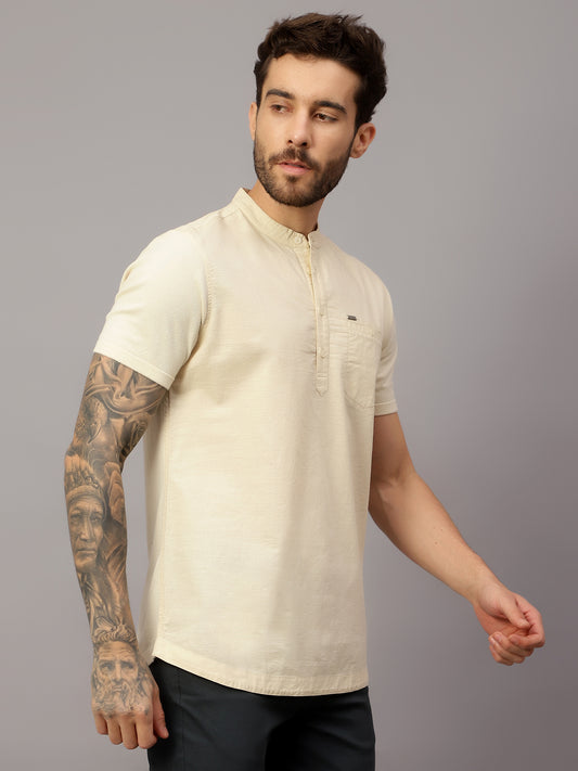 Men's Beige Casual Plain Half sleeve Shirt Kurta